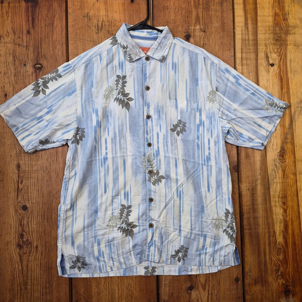 Vintage Tommy Bahama Men's Blue White Striped Leaf Print 100% Silk Medium